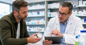 Pharmacist reviewing medication interactions with an adult holding a can of slim caffeine pouches