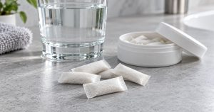 Realistic slim caffeine pouches beside a water glass for dry mouth and oral comfort guidance