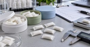 Quality control desk with realistic slim caffeine pouch samples, cans, caliper and checklist before bulk order